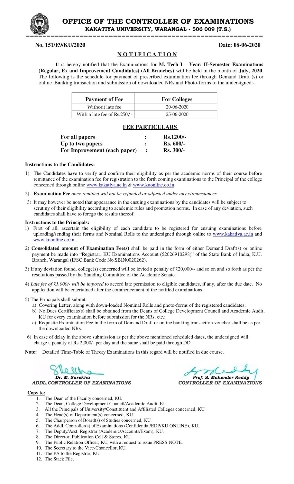 kakatiya university m.tech 1st year 2nd sem july 2020 exam fee notification