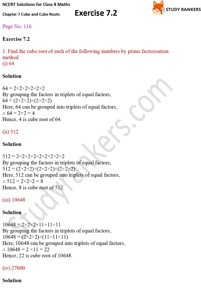 NCERT Solutions for Class 8 Maths Ch 7 Cube and Cube Roots Exercise 7.2 1