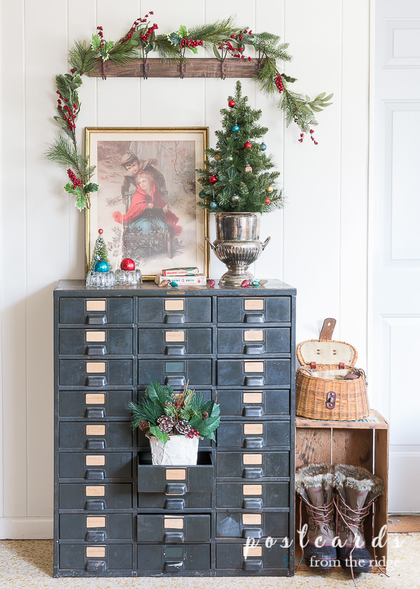 vintage metal Hobart drawer cabinet with Christmas decor