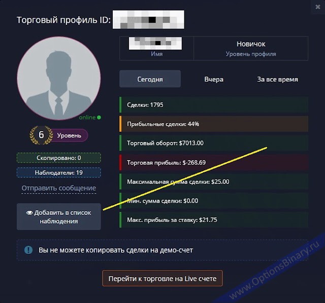 Профиль трейдера донора Копирование сделок Pocket Option