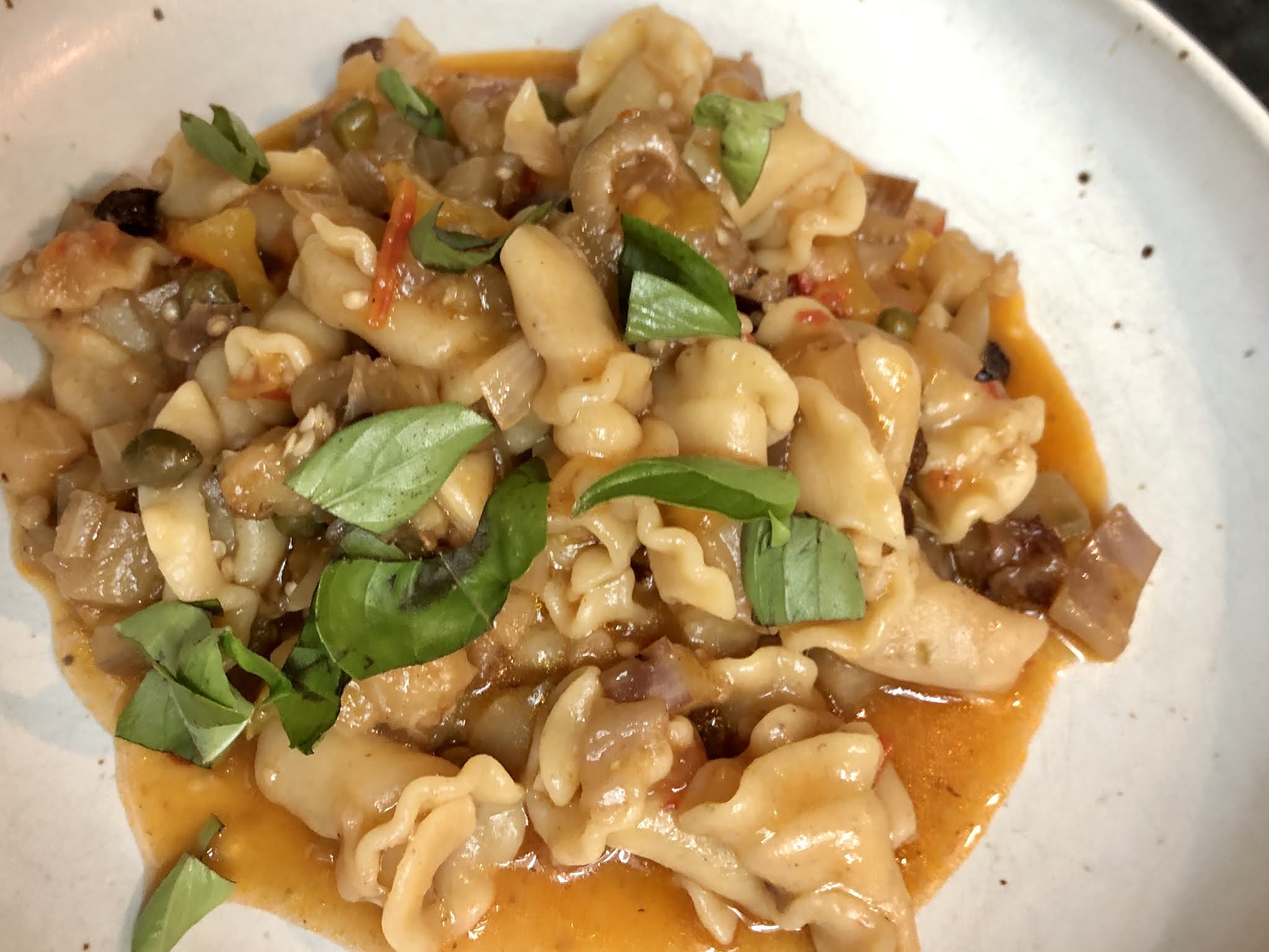 Margie's Musings (Crippled Girl Cooks) OnePot Eggplant Caponata Pasta