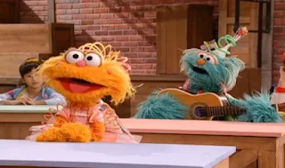 Rosita loves to play her guitar so her name is Super Guitar Girl. Zoe gets a dance related name. Sesame Street Episode 4071, Professor Super Grover's School for Superheroes