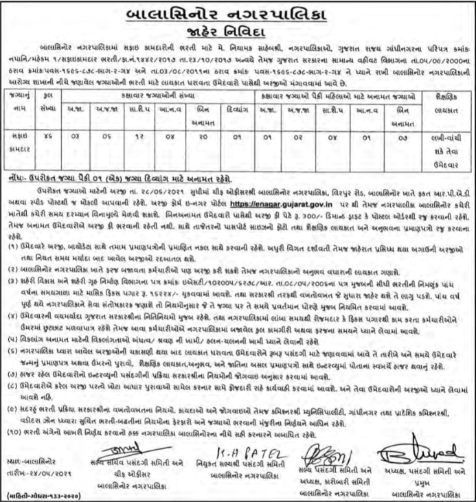 Balasinor Nagarpalika Recruitment for Safai Kamdar Posts 2021