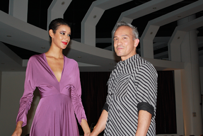 End of Show, Model poses with Designer Cesar Galindo - Latinista Fashion Week, New York City