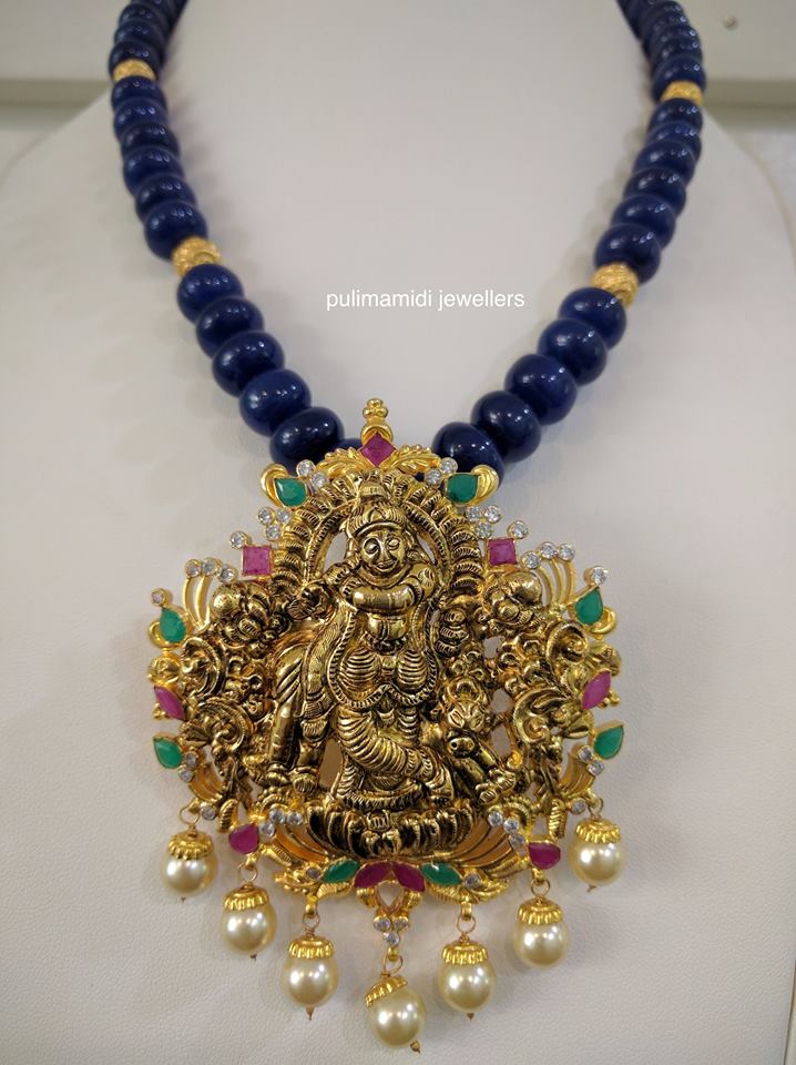 Blue Beads Set with Krishna Locket Jewellery Designs