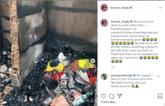 ‘Everything is gone, I am in pain- Popular Ghanaian actress Beverly Afaglo in pain as she loses her house in a fire outbreak