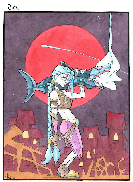 Jinx au lance roquette, fanart aquarelle arcane.