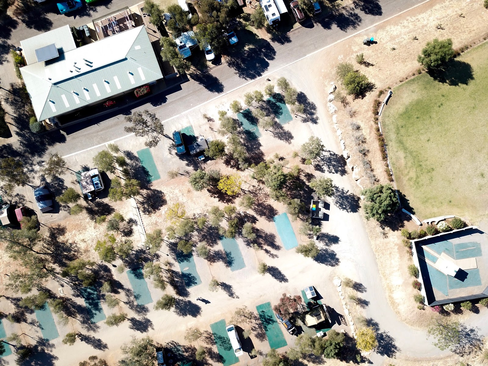 aerial shot of a caravan park in alice springs