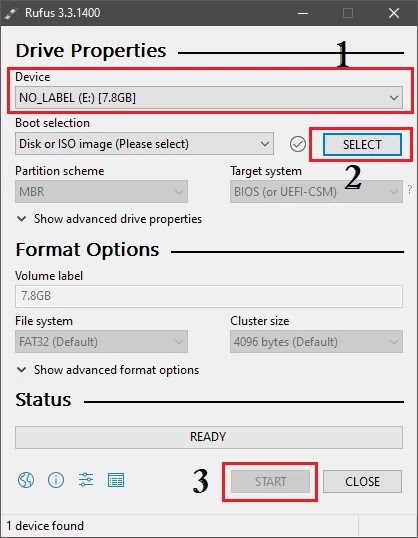  Step #3 Dual Click and Open it Rufus looks like it.      Select Pendrive min. 4 GB     Select Disk & ISO Image     Click on Start