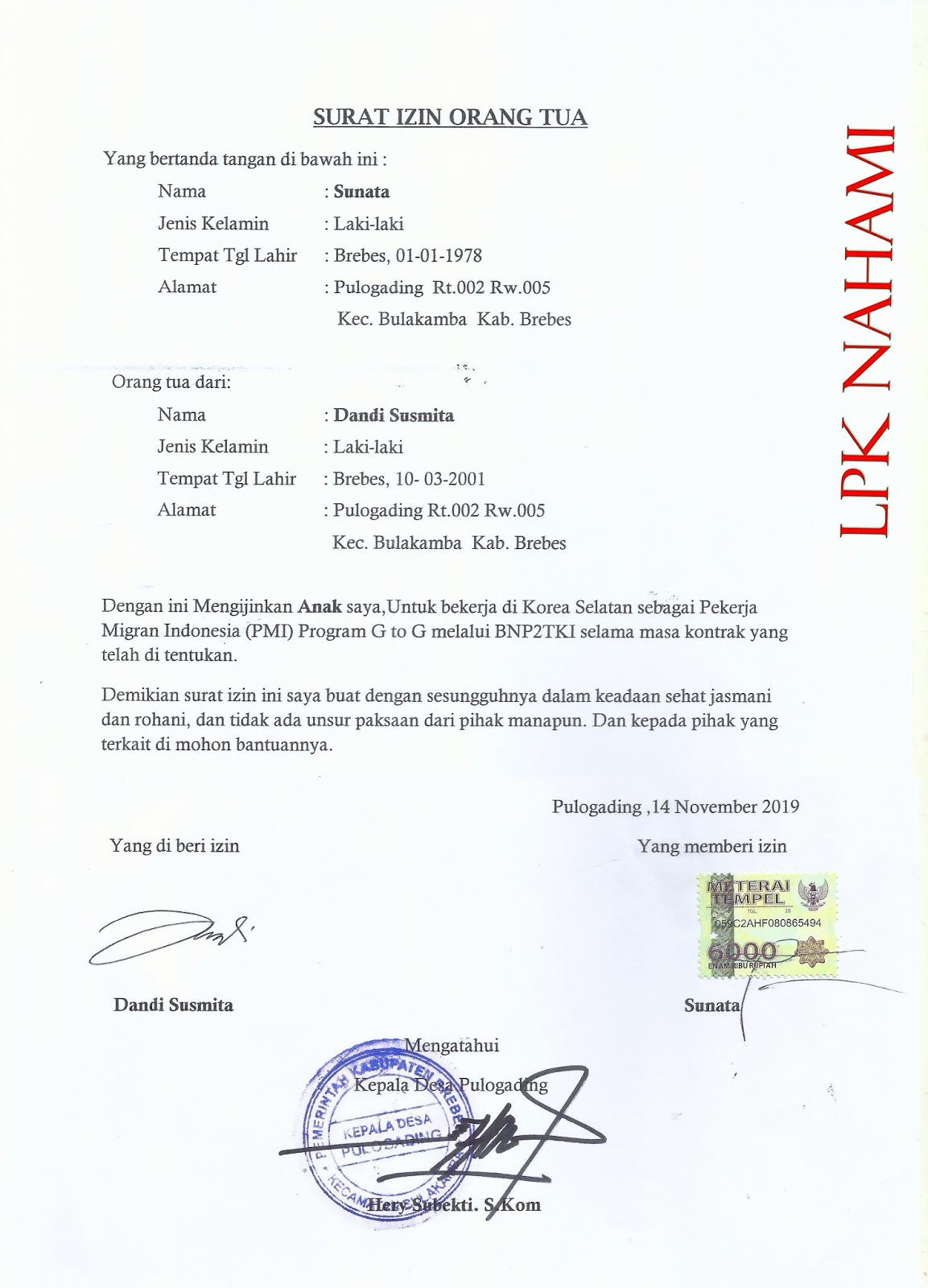 Contoh Surat Ijin Orang Tua ~ LPK BAHASA KOREA "Na Ha Mi"