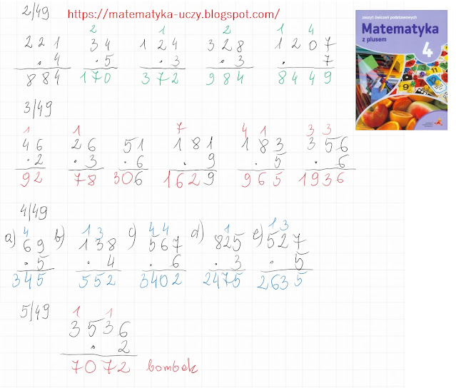 ćw. 2, 3, 4 i 5 str. 49 "Matematyka z plusem 4" Mnożenie liczb  sposobem pisemnym (ćwiczenia podstawowe)