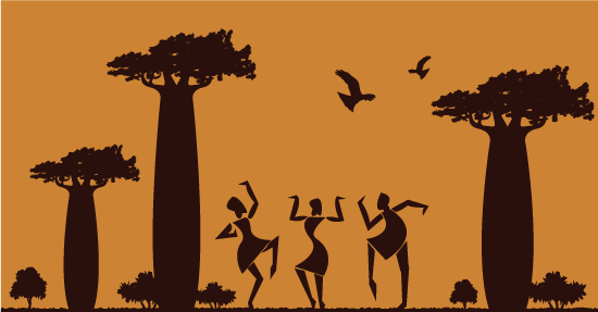 Escena de África de tonos ocres, Baobabs y africanos danzando, Siluetas de africanos bailando