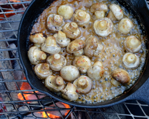 Easy Easy Grilled Mushroom Appetizer ♥ KitchenParade.com, just two ingredients and a few minutes on the grill. A total crowd pleaser! Easy clean-up too. Low Carb. Low Cal.