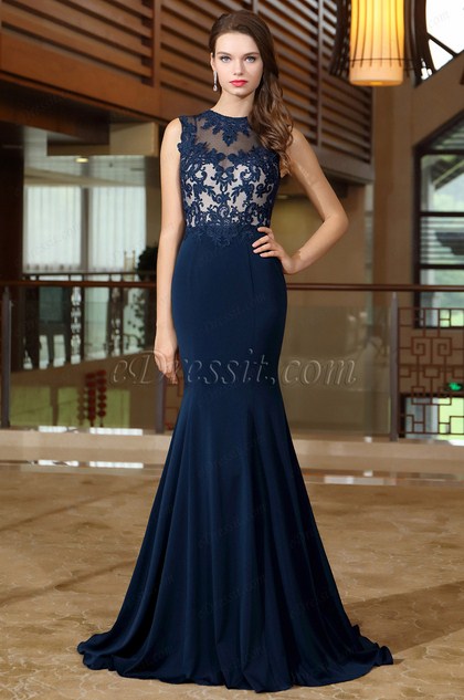 BLUE SWEETHEART FORMAL GOWN WITH LACE APPLIQUES