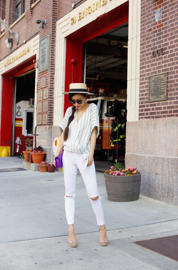 Lack of color straw hat, free people shade wrap top, gedebe mini v clutch, asos ripped jeans, tory burch wedges, karen walker harvest sunglasses, fashion blog, nyc street style, summer outfit ideas