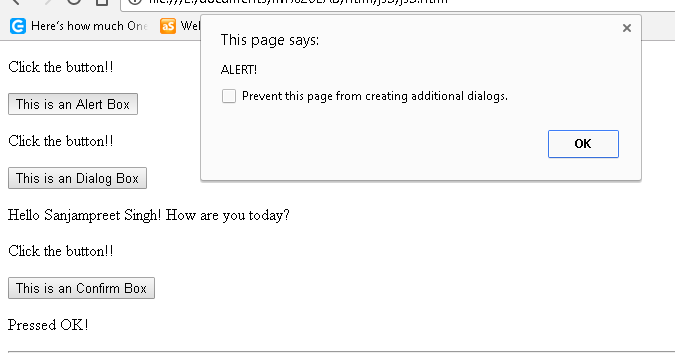 To create an html file to implement alert box, confirm box, dialog box ...