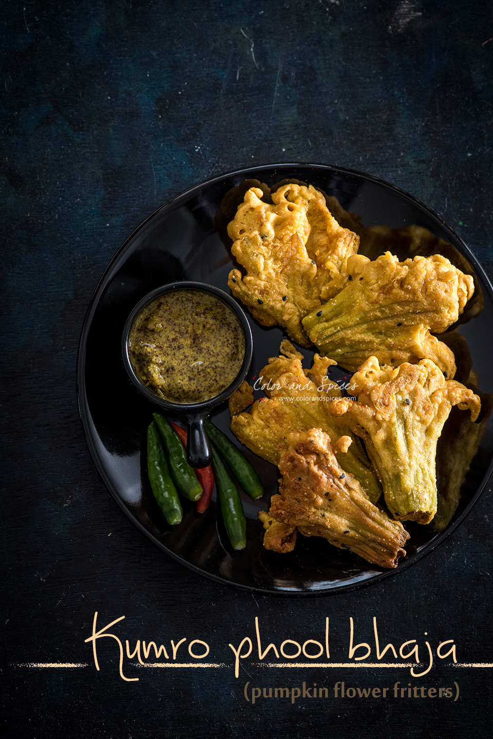 Pumpkin Flowers Dipped In Rice Paste And Fried Color and Spices: Kumro phool bhaja..