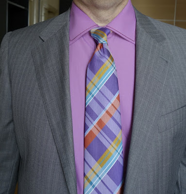 pink shirt and tie with grey suit