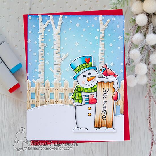 Welcome Winter Snowman Card by Tatiana Trafimovich | Snowman Greetings Stamp Set, Forest Scene Builder Die Set, Fence Die Set and Petite Snow Stencil by Newton's Nook Designs #newtonsnook #handmade