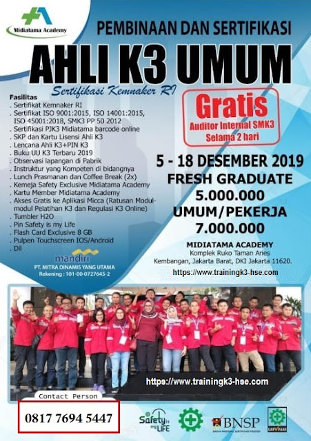 Ahli K3 Umum kemnaker murah tgl. 5-18 Desember 2019 di Jakarta
