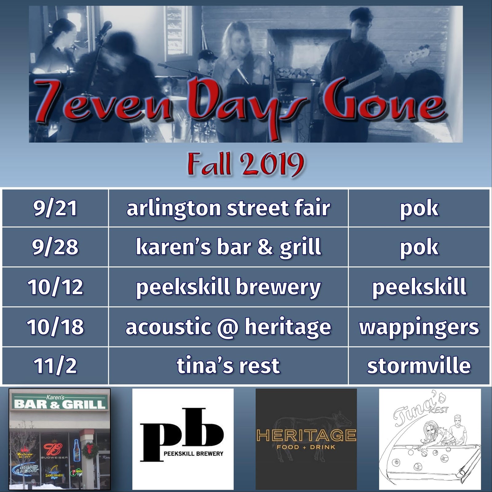 Seven Days Gone Fall lineup! Come catch us at the Arlington Street Fair!!!