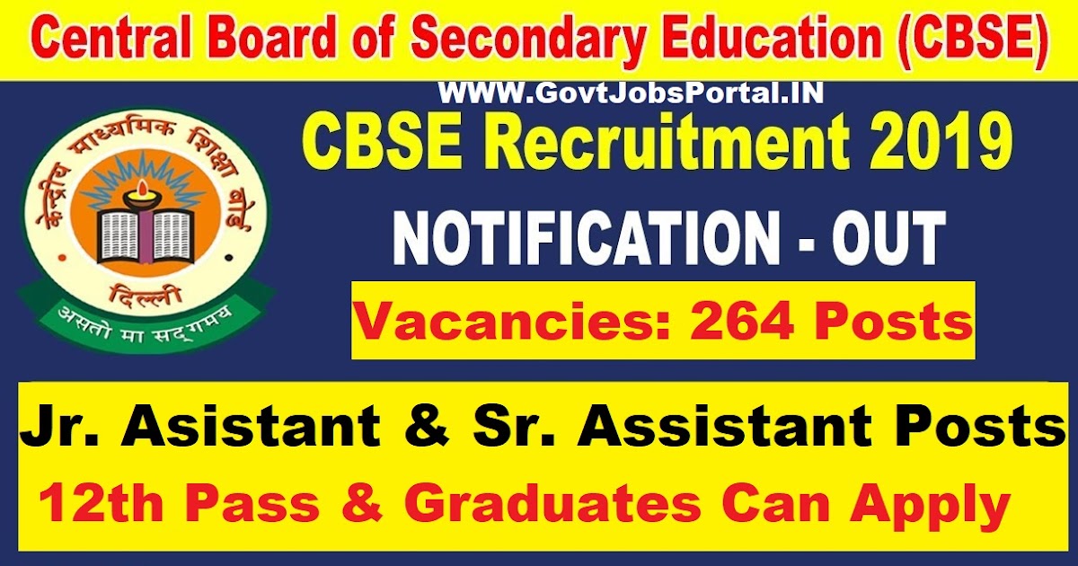 CBSE Recruitment for Junior Assistants 2019 Govt Jobs for 264