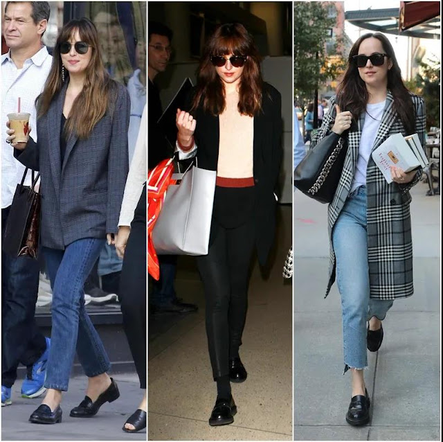Dakota Johnson wore a loose long coat, basic jeans, and black loafers.
