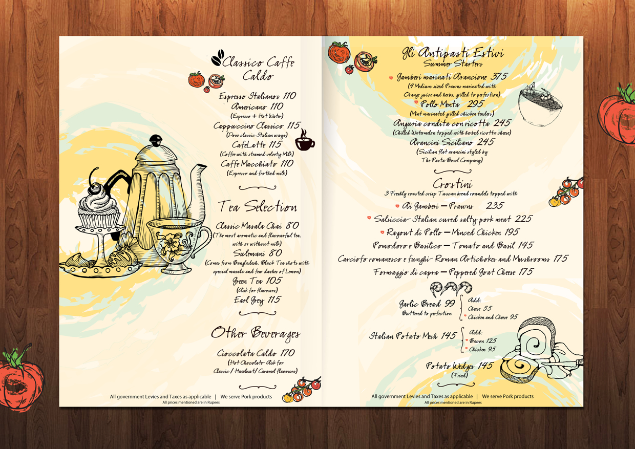 Creative Design Work "The Pasta Bowl Company" Italian Restaurant Menu Design