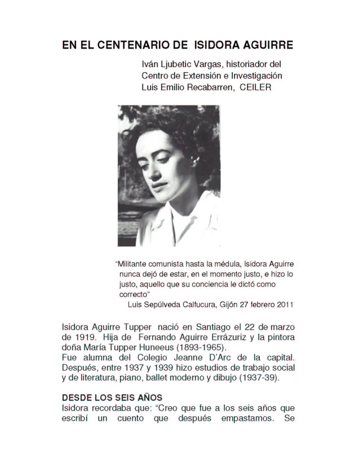 BOLETIN ROJO EN EL CENTENARIO DE ISIDORA AGUIRRE