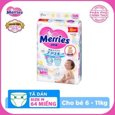 Bỉm/Tã dán Merries size M 64 miếng (cho bé 6 – 11kg)