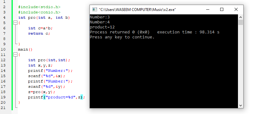 c program to find product of two numbers using functions