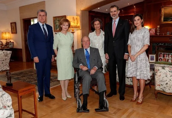 Queen Letizia wore Adolfo Dominguez multicolor tweed dress and Magrit pumps. Madrid 2018 Book Fair at the Retiro Park. Queen Sofia of Spain