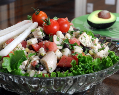 Mexican Chicken Salad, another Quick Supper ♥ KitchenParade.com, just rotisserie chicken tossed with lime-yogurt vinaigrette, black beans, jicama, corn and tomato.