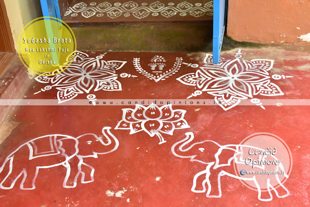 Sudasha Brata - Maa Lakshmi Puja In Odisha Chita Jhoti at the Entrance of the house drawn using paste of grounded rice grains on Sudasha Brata