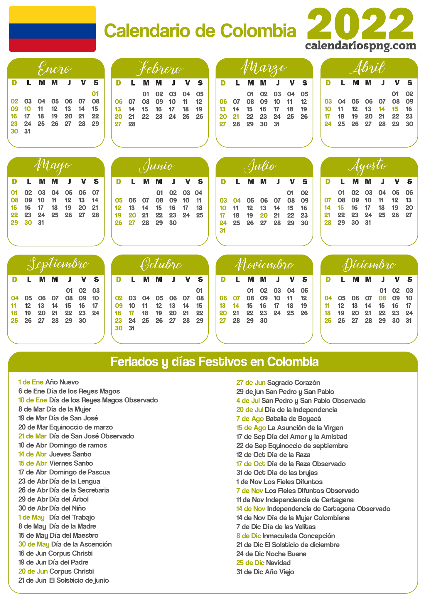 Calendarios 2022 de Colombia para imprimir