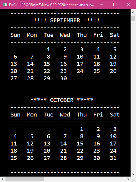 Print calendar for a given year in C and C++