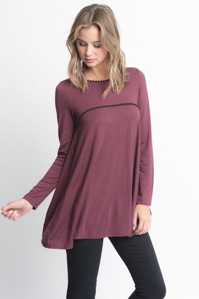 Shop for Red Brown pom pom trim long sleeve jersey tunic top on caralase.com