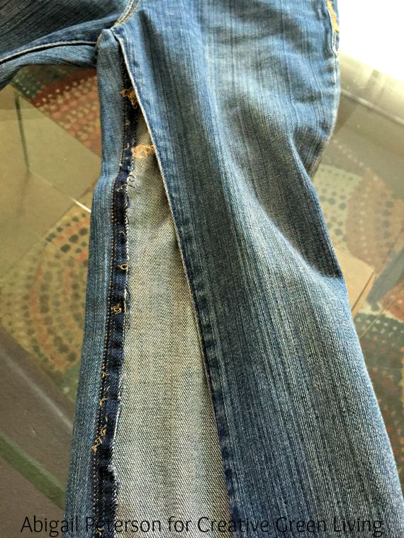 How to use a seam ripper to remove a seam from pants to make a DIY jean skirt