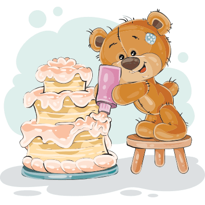 Teddy frosting the birthday cake