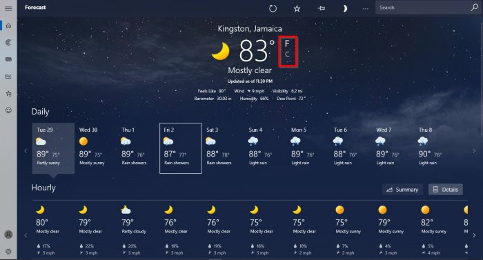 天気アプリの温度を摂氏から華氏に変更します