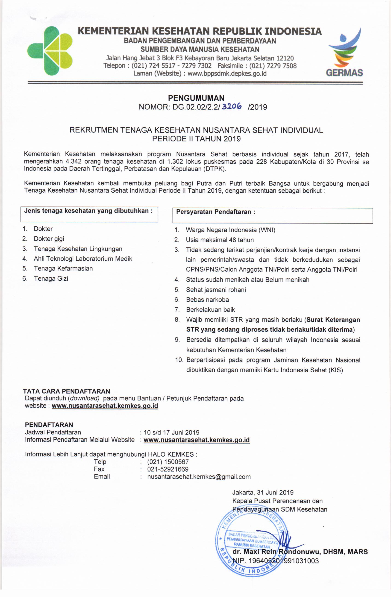 Jadwal Rekrutmen Tenaga Kesehatan Nusantara Sehat Individual Periode II Tahun 2019 Salam semangat buat seluruh Tenaga Kesehatan Dokter Jadwal Rekrutmen Tenaga Kesehatan Nusantara Sehat Individual Periode II Tahun 2019