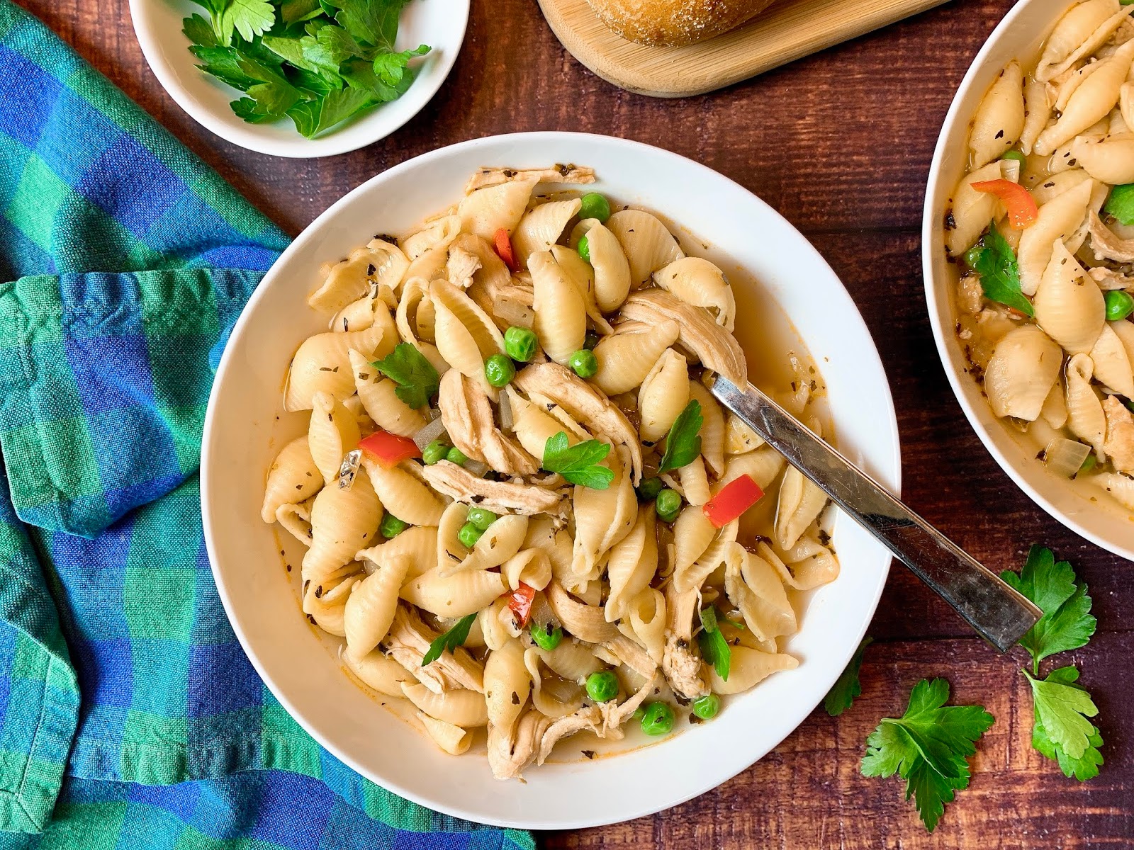 Chicken Soup with Pasta Shells, Peppers and Peas