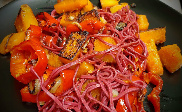 Pan fried squash and spaghetti