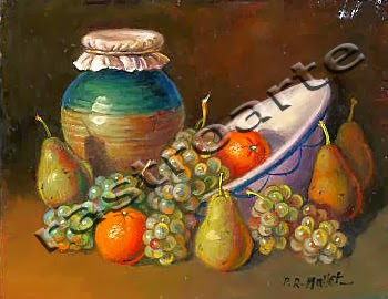 Bodegón con tarro para miel, cuenco de cerámica, uvas, naranjas y peras