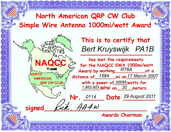 NAQCC 1000 Miles per Watt Award.