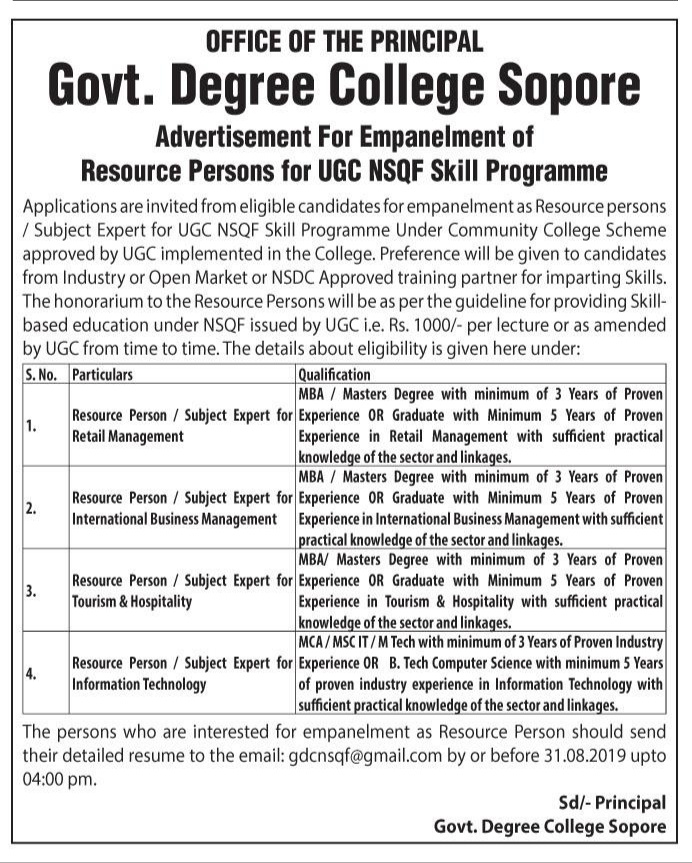 Govt Degree College Sopore Advertisement for Empanelment of Resource