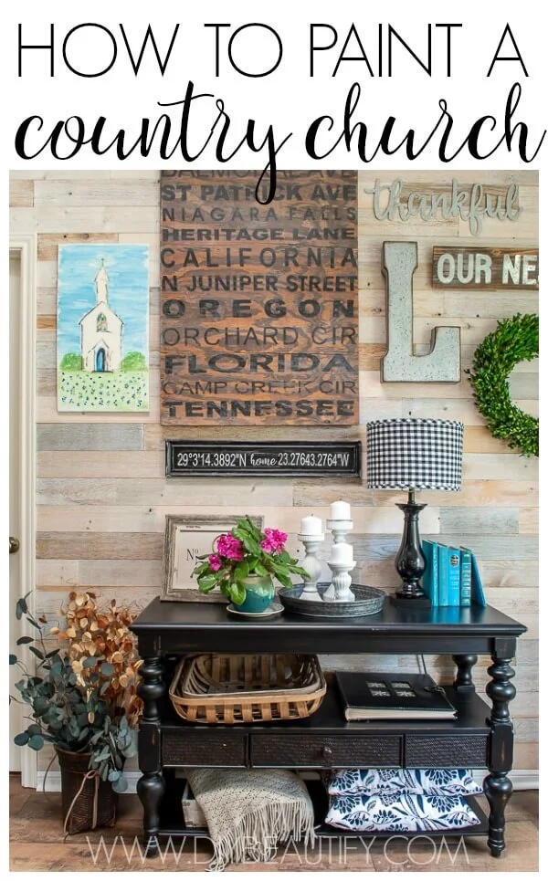 gallery wall with DIY painted country church