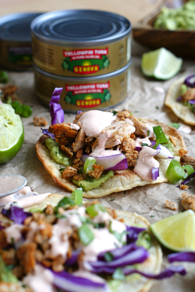 Tuna Tostadas with Chipotle Crema | The Two Bite Club