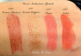 Gucci Audacious Lipstick Swatches, Iconic Bronze, Iconic Copper, Fever and Ardor