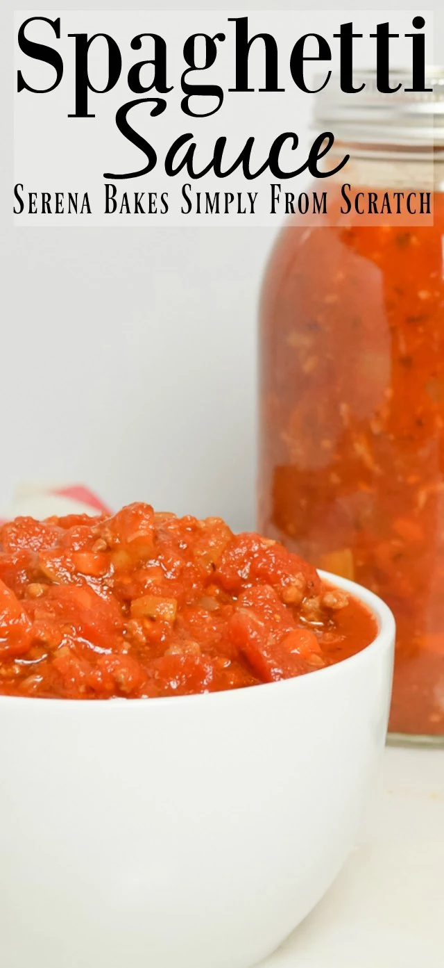 Easy to make Homemade Spaghetti Sauce recipe from Serena Bakes Simply From Scratch is delicious to freezer, over pasta, or in your lasagna. With plenty of meat and vegetables. 